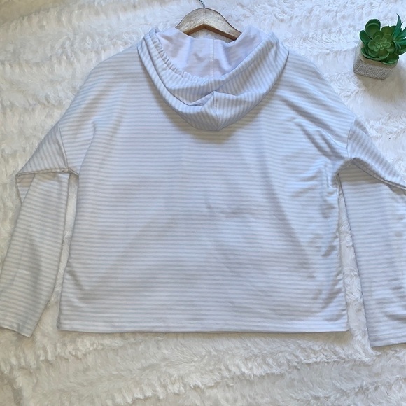 RAE Dunn Explore More blue and white striped soft long sleeve graphic Hoodie - Picture 6 of 10